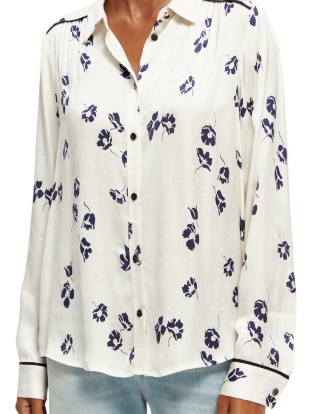 Scotch & Soda Slim-Fit White Button Down Shirt with Navy Floral Print